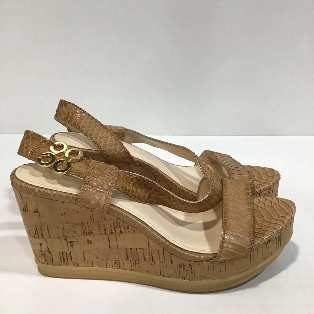 EUC COACH Snakeskin Espadrille Wedges Gold Logo Cork heel COMFY sz 9 Nude